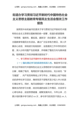 街道办学习贯彻习近平新时代中国特色社会主义思想主题教育专题民主生活会整改工作报告