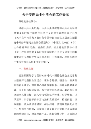 关于专题民主生活会的工作提示