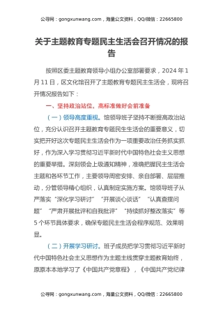 关于主题教育专题民主生活会召开情况的报告（2）