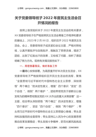 关于党委领导班子2022年度民主生活会召开情况的报告