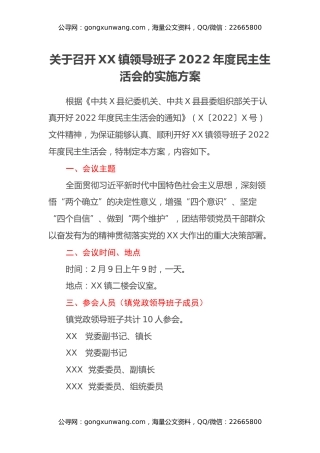 关于召开XX镇领导班子2022年度民主生活会的实施方案
