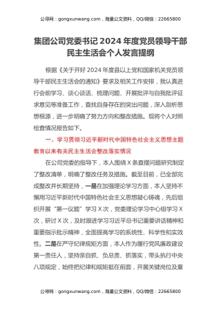 集团公司党委书记2024年度党员领导干部民主生活会个人发言提纲