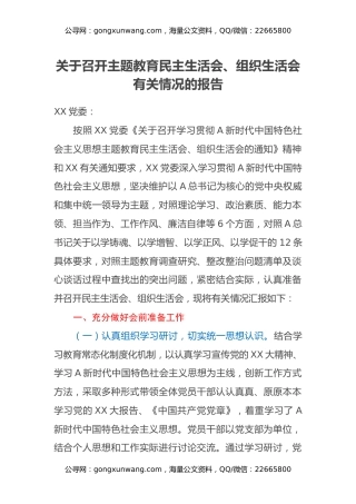 关于召开主题教育民主生活会、组织生活会有关情况的报告