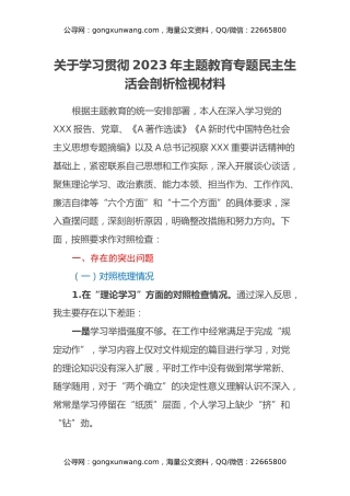 关于学习贯彻2023年主题教育专题民主生活会剖析检视材料