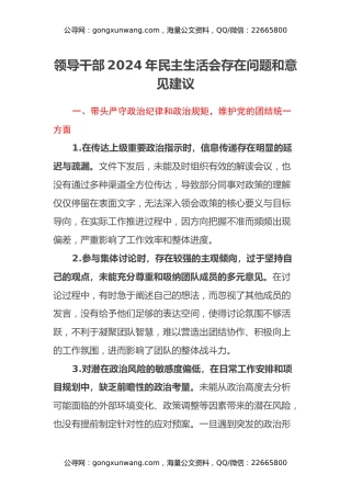 领导干部2024年民主生活会存在问题和意见建议