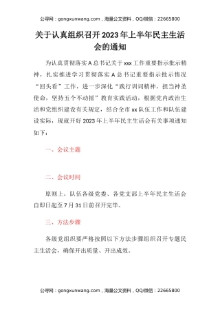 关于认真组织召开2023年上半年民主生活会的通知