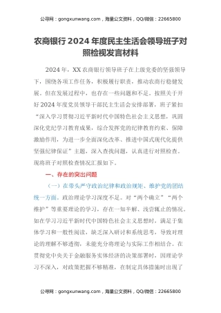 农商银行2024年度民主生活会领导班子对照检视发言材料（四个带头+典型案例剖析）
