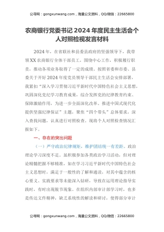 农商银行党委书记2024年度民主生活会个人对照检视发言材料（四个带头+典型案例剖析）