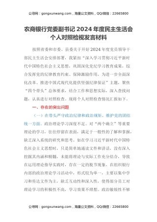 农商银行党委副书记2024年度民主生活会个人对照检视发言材料（四个带头+典型案例剖析）