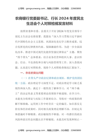 农商银行党委副书记、行长2024年度民主生活会个人对照检视发言材料（四个带头+典型案例剖析）