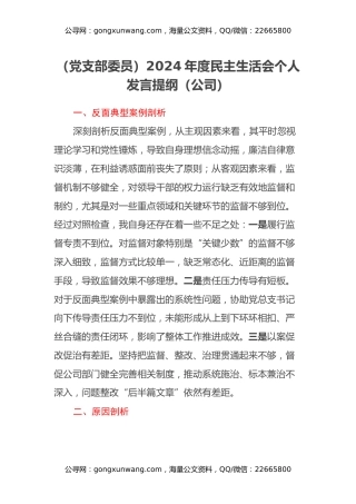（党支部委员）2024年度民主生活会个人发言提纲（公司）