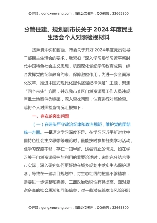 分管住建、规划副市长关于2024年度民主生活会个人对照检视材料（四个带头+违纪行为典型案例剖析）