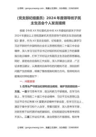 （党支部纪组委员）2024年度领导班子民主生活会个人发言提纲