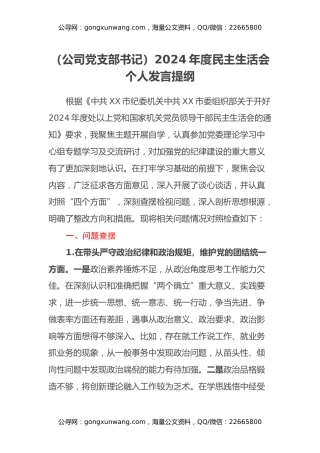 （公司党支部书记）2024年度民主生活会个人发言提纲