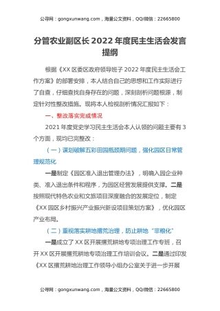 分管农业副区长2022年度民主生活会发言提纲