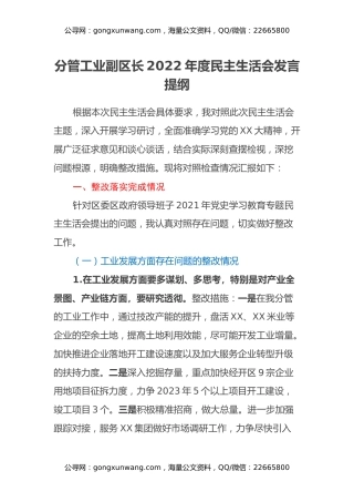 分管工业副区长2022年度民主生活会发言提纲