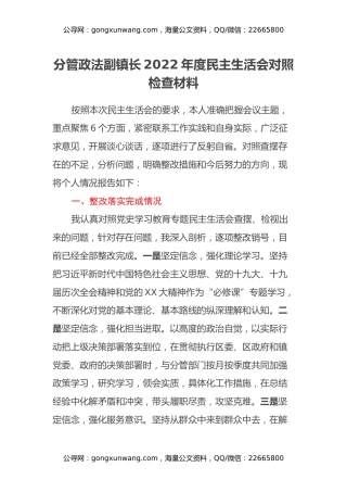 分管政法副镇长2022年度民主生活会对照检查材料