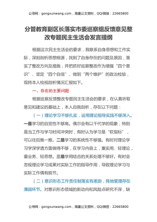 分管教育副区长落实市委巡察组反馈意见整改专题民主生活会发言提纲