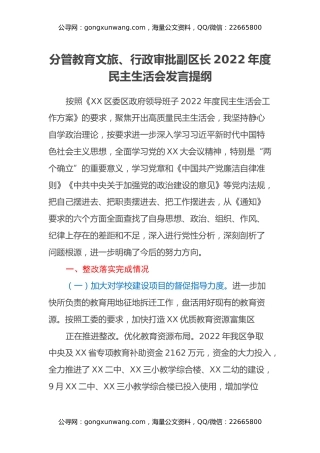 分管教育文旅、行政审批副区长2022年度民主生活会发言提纲