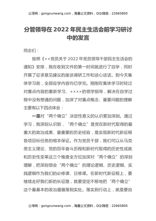 分管领导在2022年民主生活会前学习研讨中的发言