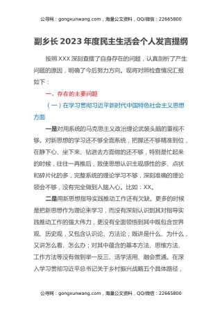 副乡长2023年度民主生活会个人发言提纲（六个方面）