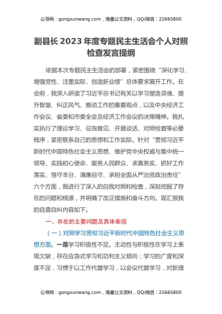 副县长2023年度专题民主生活会个人对照检查发言提纲