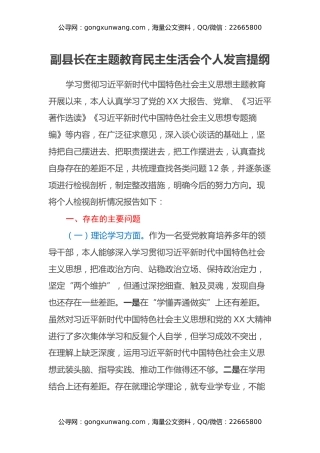 副县长在主题教育民主生活会个人发言提纲