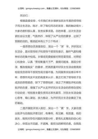 副县长在民主生活会上的点评讲话