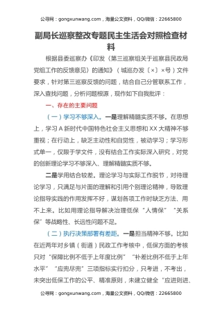 副局长巡察整改专题民主生活会对照检查材料