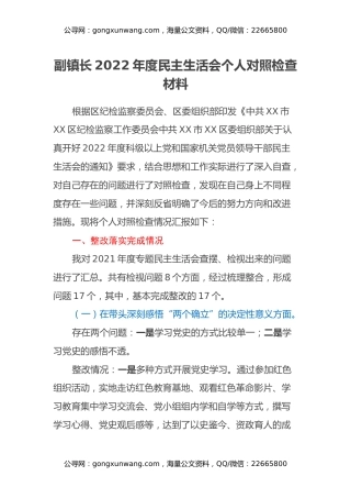 副镇长2022年度民主生活会个人对照检查材料