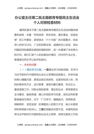办公室主任第二批主题教育专题民主生活会个人对照检查材料
