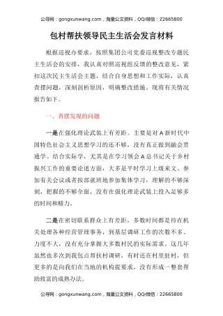 包村帮扶领导民主生活会发言材料