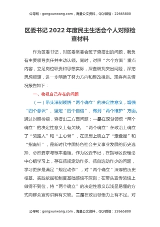 区委书记2022年度民主生活会个人对照检查材料