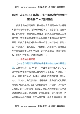区委书记2023年主题教育专题民主生活会个人对照检查（新6个对照方面）