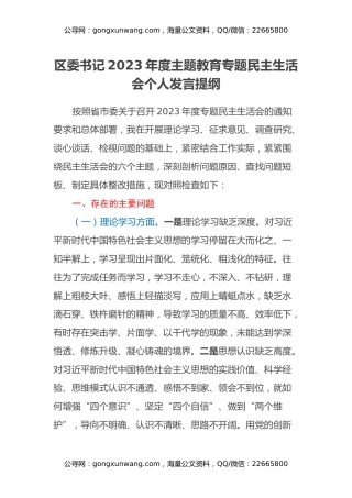 区委书记2023年度主题教育专题民主生活会个人发言提纲