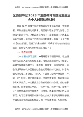 区委副书记2023年主题教育专题民主生活会个人对照检查材料