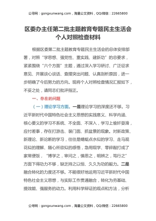 区委办主任第二批主题教育专题民主生活会个人对照检查材料