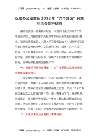 区委办公室主任2022年“六个方面”民主生活会剖析材料