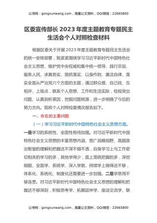 区委宣传部长2023年度主题教育专题民主生活会个人对照检查材料