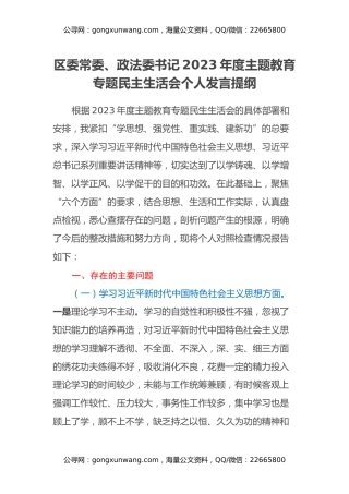 区委常委、政法委书记2023年度主题教育专题民主生活会个人发言提纲（新6个对照方面）
