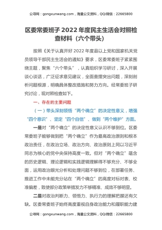 区委常委班子2022年度民主生活会对照检查材料（六个带头）