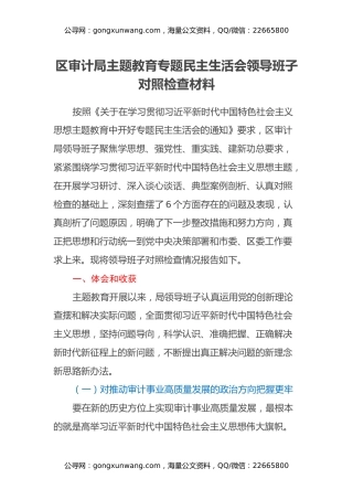 区审计局主题教育专题民主生活会领导班子对照检查材料（体会收获、新六个方面、政绩观）
