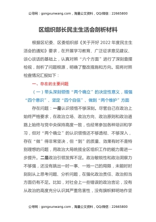 区组织部长民主生活会剖析材料