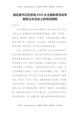 县区委书记在参加XXX乡主题教育活动专题民主生活会上的讲话提纲