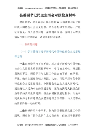 县委副书记民主生活会对照检查材料