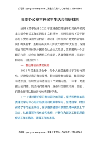 县委办公室主任民主生活会剖析材料