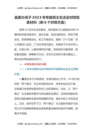 县委办班子2023年专题民主生活会对照检查材料（新6个对照方面）