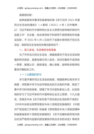 县委巡察机构关于2021年度民主生活会情况总结的报告