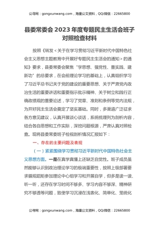 县委常委会2023年度专题民主生活会班子对照检查材料