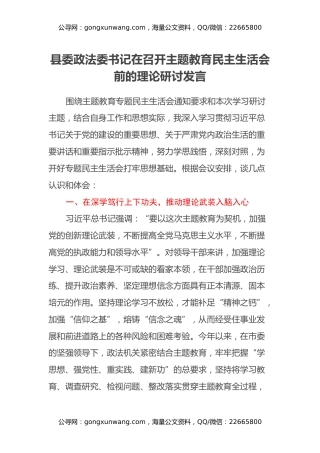 县委政法委书记在召开主题教育民主生活会前的理论研讨发言